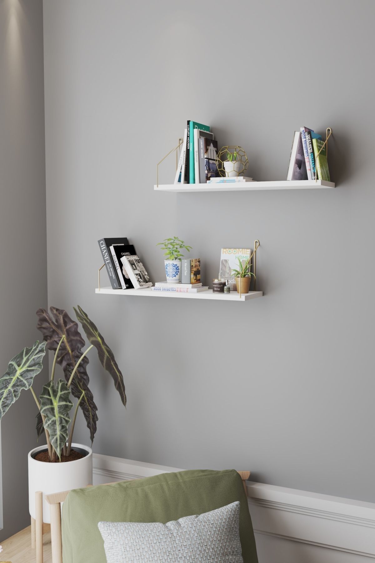 Duvar Rafı Kitaplık Mutfak Banyo Yaşam Alanı 20 X 70 Cm 2 Adet Beyaz Altın Kollu