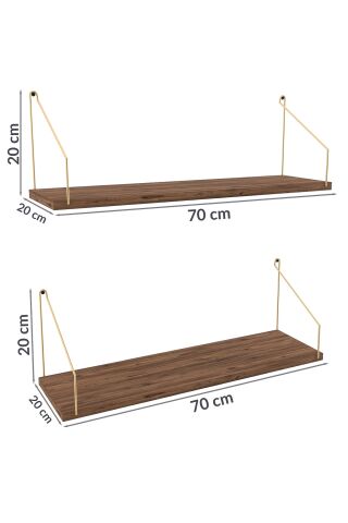 Duvar Rafı Kitaplık Mutfak Banyo Yaşam Alanı 20 X 70 Cm 2 Adet Atlantik Çam Altın Kollu