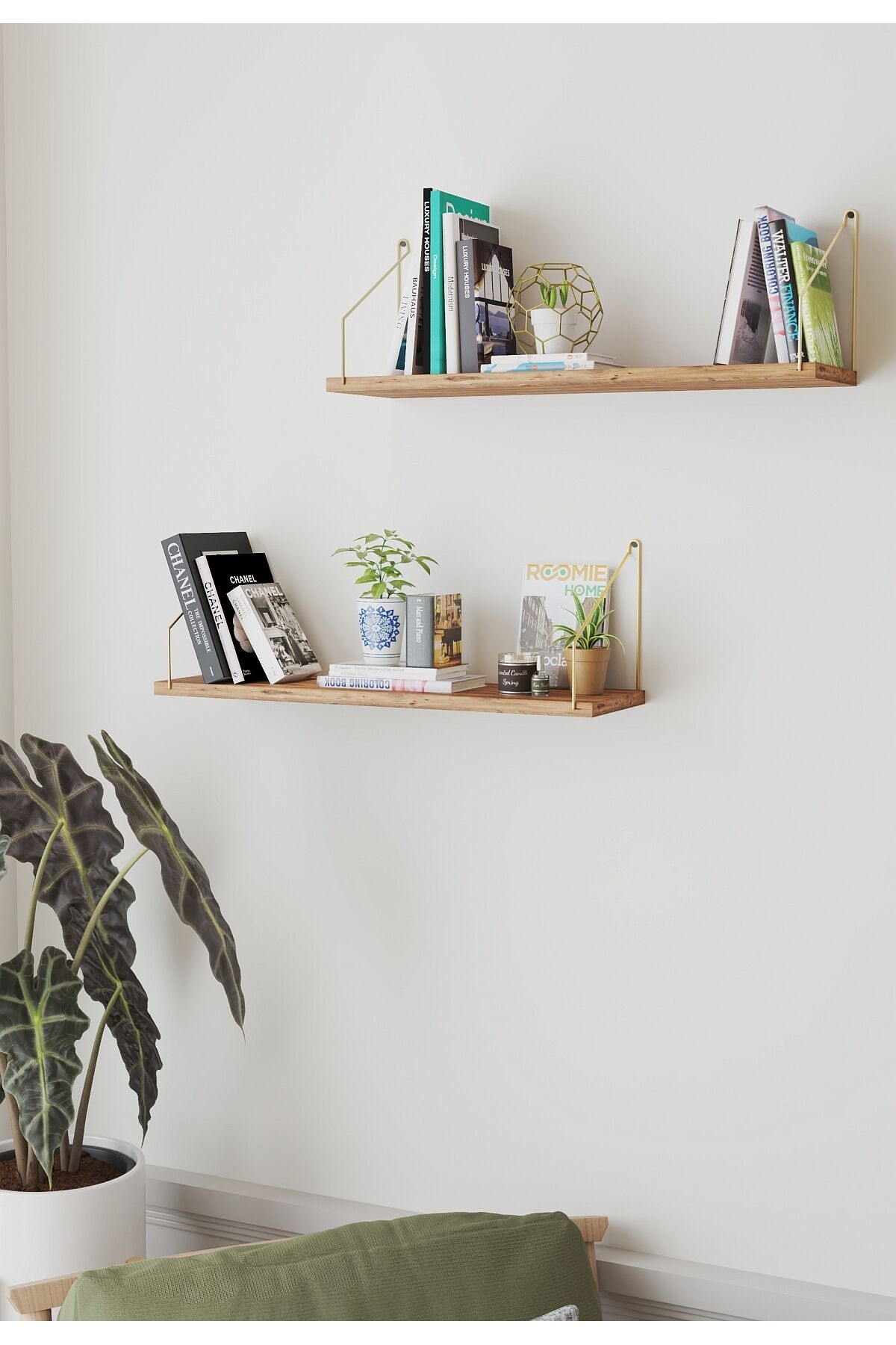 Duvar Rafı Kitaplık Mutfak Banyo Yaşam Alanı 20 X 70 Cm 2 Adet Atlantik Çam Altın Kollu