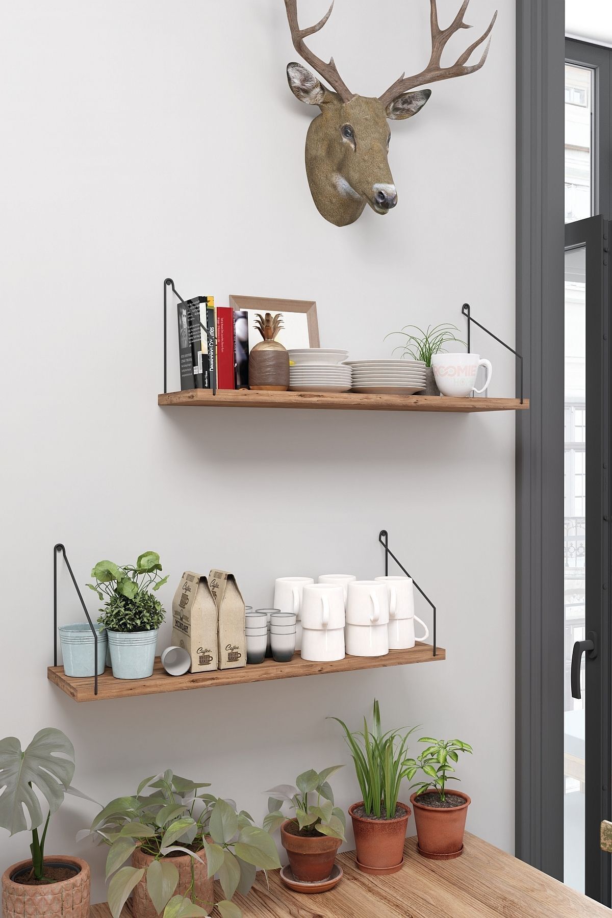 Duvar Rafı Kitaplık Mutfak Banyo Yaşam Alanı 20 X 70 Cm 2 Adet Atlantik Çam Siyah Kollu
