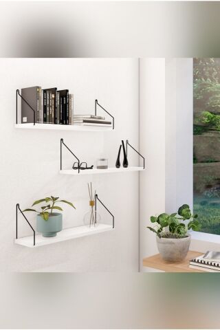 İskandinav Kitaplık Duvar Rafı Mutfak Banyo Salon 3 Lü Set 15x55 Cm