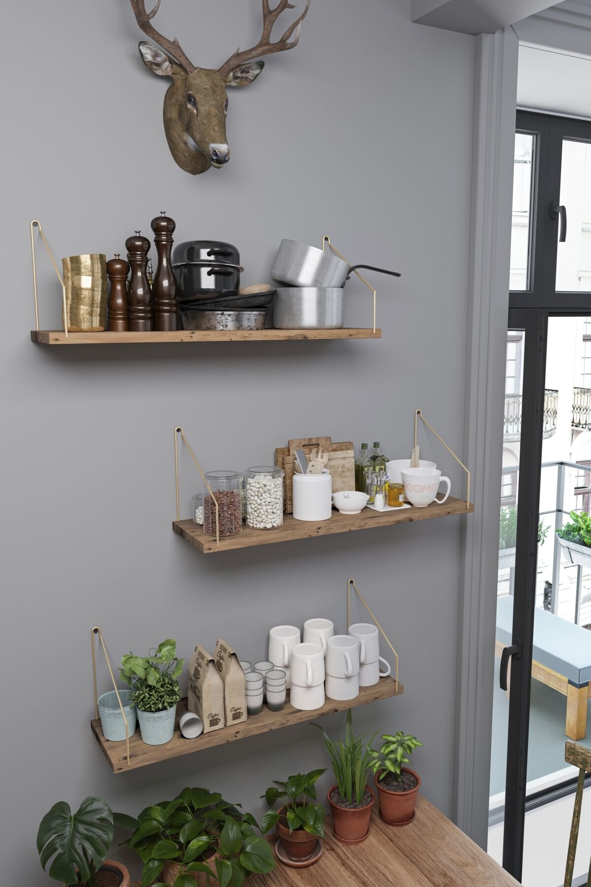 Duvar Rafı Kitaplık Mutfak Banyo Yaşam Alanı 3 'lü Set 15 X 55 Cm Gold Kol