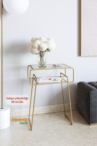 Retro Yan Sehpa, Metal Sehpa, Cam Sehpa, Salon, Yatak Odası, Antre