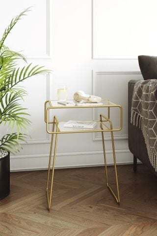 Retro Yan Sehpa, Metal Sehpa, Cam Sehpa, Salon, Yatak Odası, Antre