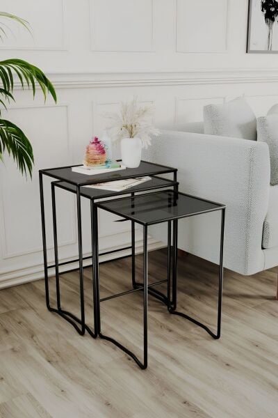 Retro 3 lü Zigon Füme Camlı Siyah Sehpa, Metal Sehpa, Salon, Yatak Odası, Antre