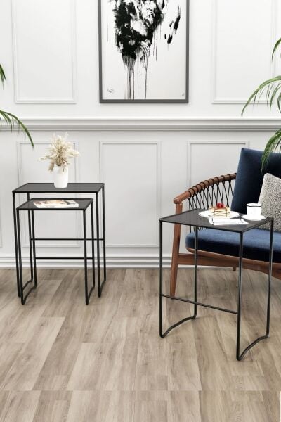 Retro 3 lü Zigon Füme Camlı Siyah Sehpa, Metal Sehpa, Salon, Yatak Odası, Antre