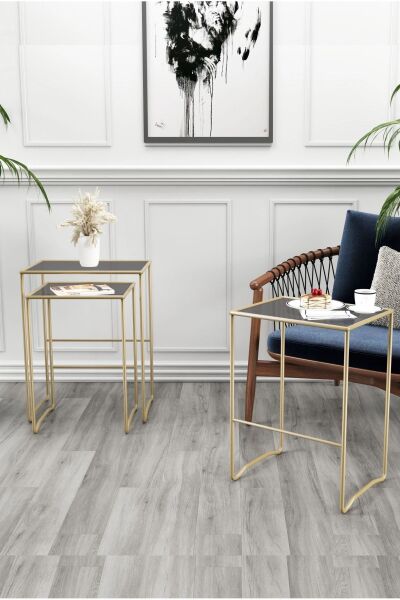 Retro 3 lü Zigon Füme Camlı Gold Sehpa, Metal Sehpa, Salon, Yatak Odası, Antre