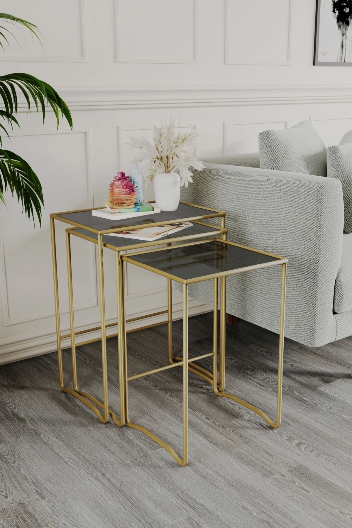 Retro 3 lü Zigon Füme Camlı Gold Sehpa, Metal Sehpa, Salon, Yatak Odası, Antre