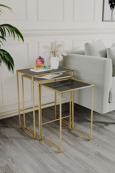 Retro 3 lü Zigon Füme Camlı Gold Sehpa, Metal Sehpa, Salon, Yatak Odası, Antre
