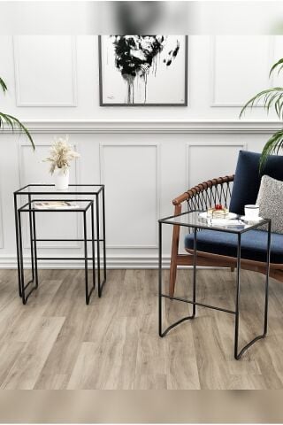 Retro 3 lü Zigon Sehpa, Metal Sehpa, Cam Sehpa, Salon, Yatak Odası, Antre