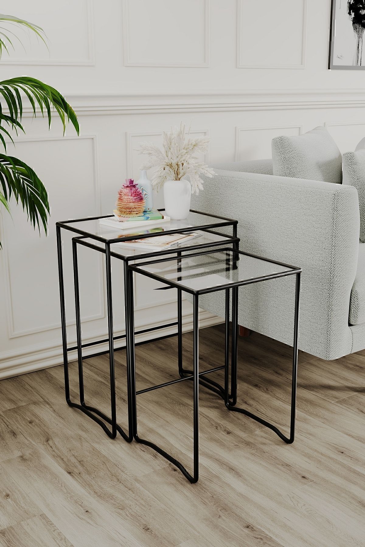 Retro 3 lü Zigon Sehpa, Metal Sehpa, Cam Sehpa, Salon, Yatak Odası, Antre