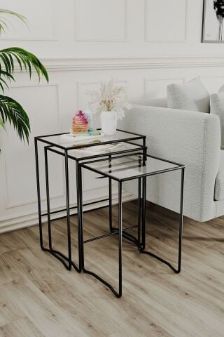 Retro 3 lü Zigon Sehpa, Metal Sehpa, Cam Sehpa, Salon, Yatak Odası, Antre