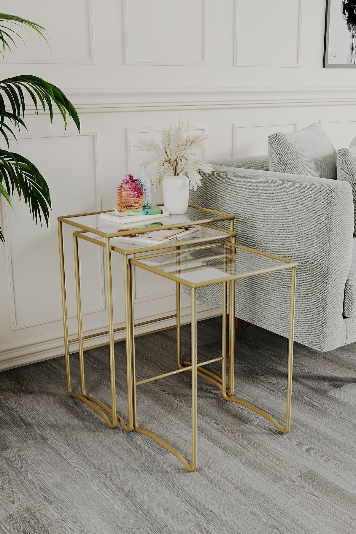 Retro 3 lü Zigon Sehpa, Metal Sehpa, Cam Sehpa, Salon, Yatak Odası, Antre