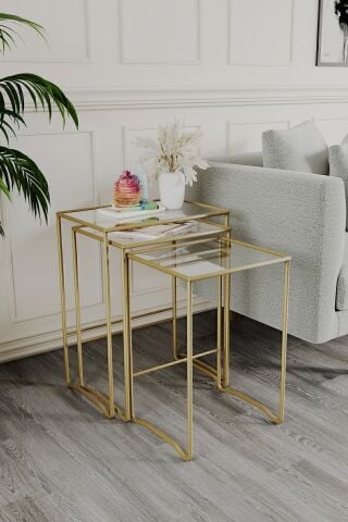 Retro 3 lü Zigon Sehpa, Metal Sehpa, Cam Sehpa, Salon, Yatak Odası, Antre