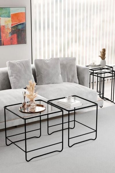 Orta Sehpa Salon Oturma Odası İkili Kare Siyah