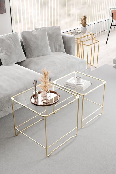 Orta Sehpa Salon Oturma Odası İkili Kare Gold