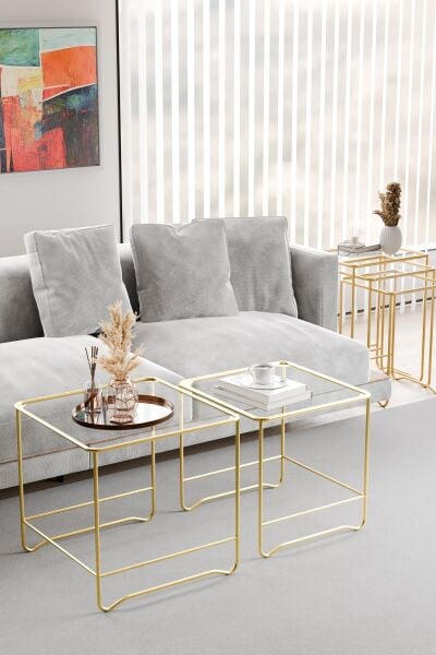 Orta Sehpa Salon Oturma Odası İkili Kare Gold